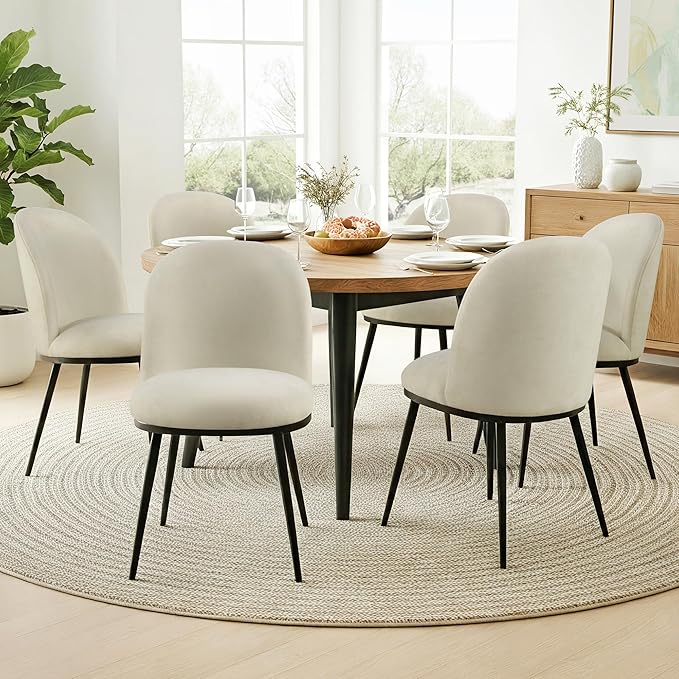 Dining Chairs Set of 6, Fabric Upholstered Dining Room Chairs with Ergonomic Backrest & Metal Legs, Modern Kitchen Side Chairs for Home, Restaurant, and Café, Coconut, 2 Boxs