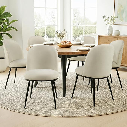 Dining Chairs Set of 6, Fabric Upholstered Dining Room Chairs with Ergonomic Backrest & Metal Legs, Modern Kitchen Side Chairs for Home, Restaurant, and Café, Coconut, 2 Boxs