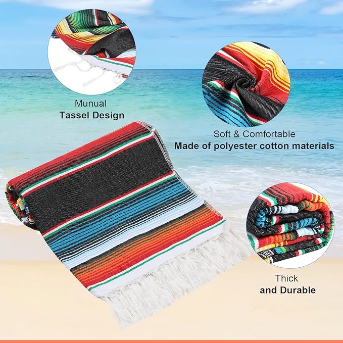 Tatuo 8 Pcs Large Mexican Blankets Bulk Authentic Mexican Serape Blanket Mexican Striped Throw Blanket Colorful Fiesta Beach Blanket Fringe Cotton Yoga Blanket for Home Office Outdoor Camping Picnic