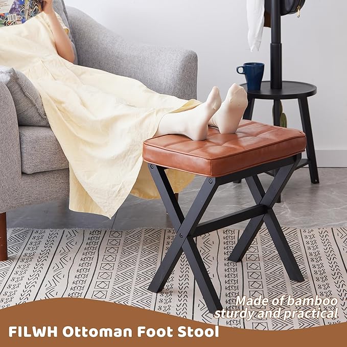 FILWH Foot Stool Small Ottoman Foot Rest Padded Foot Stool Desk for Under Office Desk Vanity Stool Bamboo Footstool Sofa Footrest Shoe Stool Small Foot Stools (Black Legs + Reddish Brown)