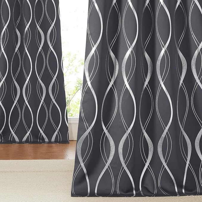 NICETOWN Blackout Curtains for Bedroom, Foil Printed Wave Lines Energy Saving Thermal Insulated Solid Grommet Blackout Draperies for Patio Hall Studio (1 Pair, 52 inches by 95 inches, Grey)