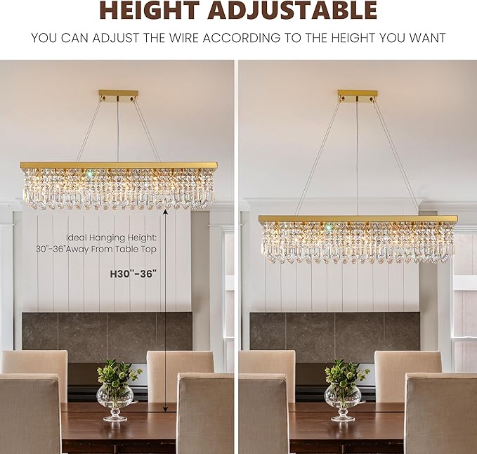 Modern Crystal Chandelier for Dining Room 8-Light Gold Rectangle Chandeliers K9 Crystal Ceiling Light Fixture Hanging Pendant Lights Kitchen Island Bar Bedroom Party Wedding Hotel