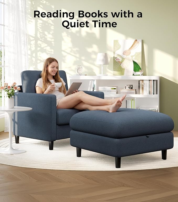 Welzona Sofa Accent Chair with Ottoman, 33" Reading Chair and Ottoman Set for Bedroom, Tool-Free Setup Living Room Accent Chairs, Comfy Arm Chairs Living Room, All-Wood Reading Nook, Blue Grey