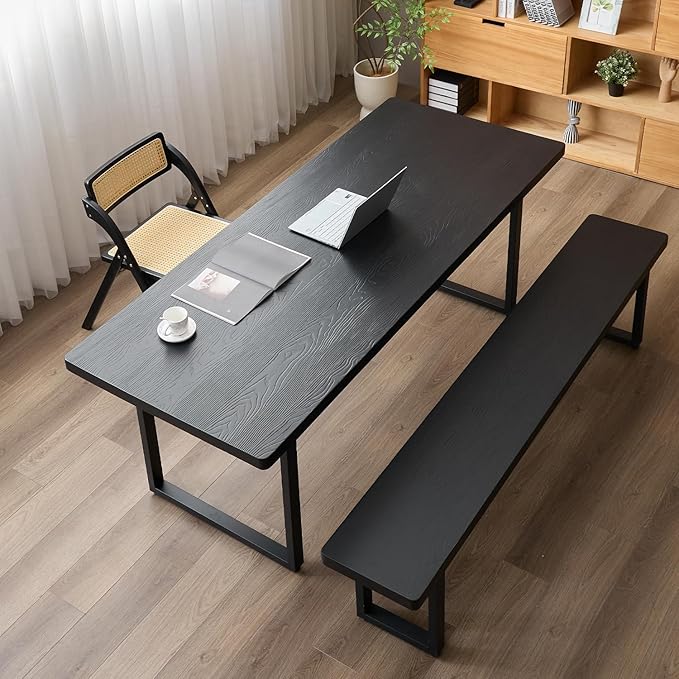 70in Black Solid Wood Dining Bench - Sturdy Metal Legs & Rounded Safety Corners | Modern Indoor Kitchen Bench for Dining Room & Entryway