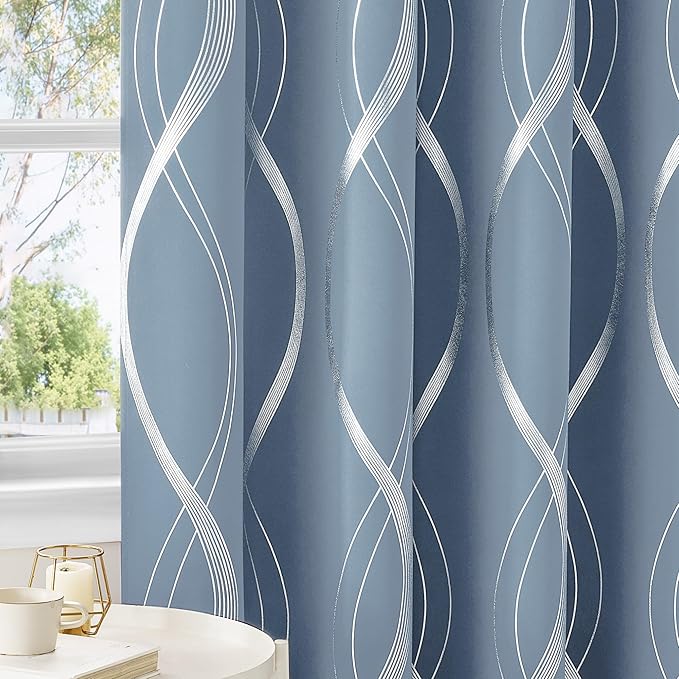 NICETOWN Vintage Blue 63" Length Curtains for Bedroom and Living Room, W52 x L63 inch, Light Filtering Wave Sliver Lines Foil Print Design Drapes Classical Home Decor, 2 Panels