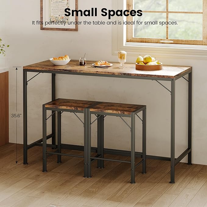 Homeiju Bar Table and Chairs Set, Bar Table with 2 Stools, Space-Saving Dining Pub Set for 2, Perfect for Kitchen, Breakfast Nook, Living Room & Small Spaces (Rustic Brown)