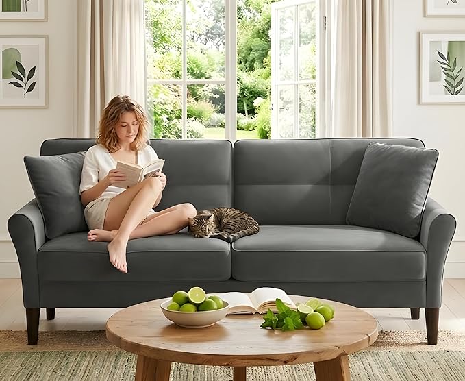 Loveseat Sofa, 69" Love Seat Couches, Comfy Velvet Small Couches for Small Spaces with 2 Pillows, Tool-Free Setup Sofas & Couches, 700lb Load Sofas for Living Room, Mini Couch for Bedroom, Grey Couch