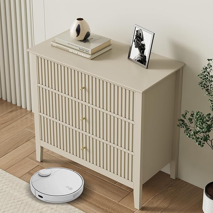 Large Beige 3 Drawer Dresser, Painted 30 Inch Tall Wood Nightstand with Storage, Wide Modern Chest of Drawers with Ball Bearing Slide for Bedroom Hallway Living Room Entryway Office