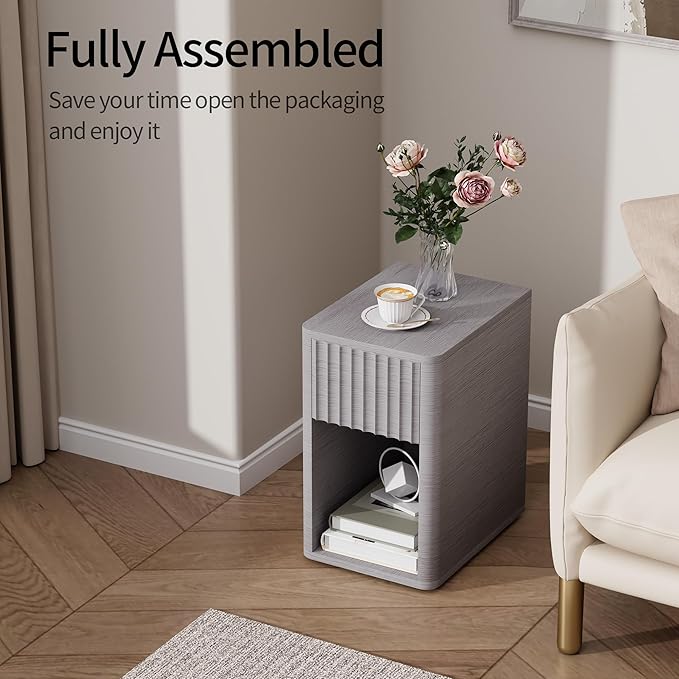 VICITON Fluted Narrow Night Stand,Thin Nightstand with Leather Surface, Small End Table with Storage, Living Room/Bed Side Table for Small Spaces (Light Gray, Normal)