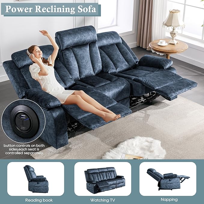GUEAPY Oversized 3-Seater Electric Reclining Sofa with Massage & Heat, USB & Type-C Ports, Foldable Tray Table, Cup Holders, Storage Pockets, Velvet Recliner Couch for Living Room, 81.9" Wide