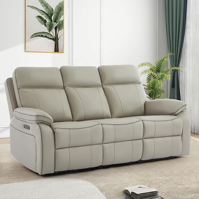Power Reclining Sofa with Fold Down Table, Breathable Leather Electric Reclining Couch, Power Loveseat Recliner Sofa with Cup Holders/Outlets/USB-C/A Ports for Living Room(Grey, 3 Seat)