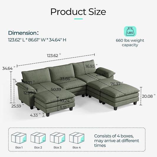 LINSY HOME Modular Sectional Sofa - 123 Inch Oversized Corduroy Cloud Couch with Movable Ottoman Soft Modern Comfy Sofa Set for Living Room Apartment Office, Green