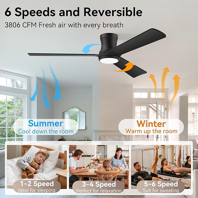 52inch Smart Ceiling Fans with Lights,Low Profile Black Wood Ceiling Fans,Remote/APP/Alexa Control,Modern Flush Mount Ceiling fan,Outdoor Indoor for Bedroom Living room Patio,3 Blade,Dimmable,Quiet