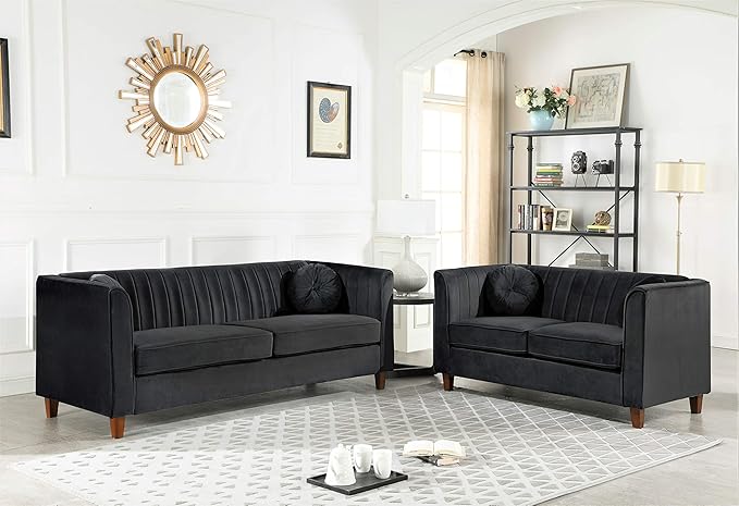 Container Furniture Direct Arvilla 2 Piece Velvet Sofa Set with Bolster Pillows, Mid Century Modern Design, Chesterfield-Inspired Couch and Loveseat for Living Rooms, Midnight