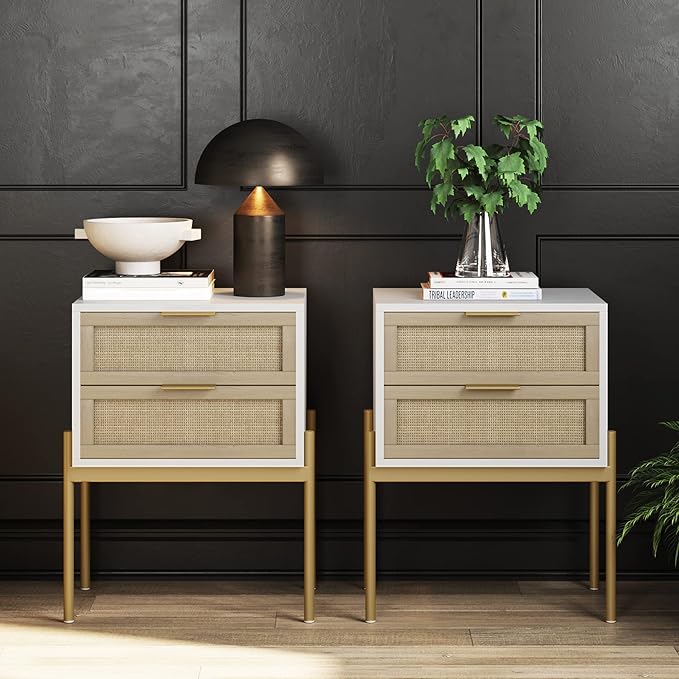 Andrew End, Bedside or Side Table in Matte White Finish with Two Natural Rattan Drawers Doors for Storage and Brass Gold Accents for Living Room or Bedroom, White/Cane/Gold, Set of 2