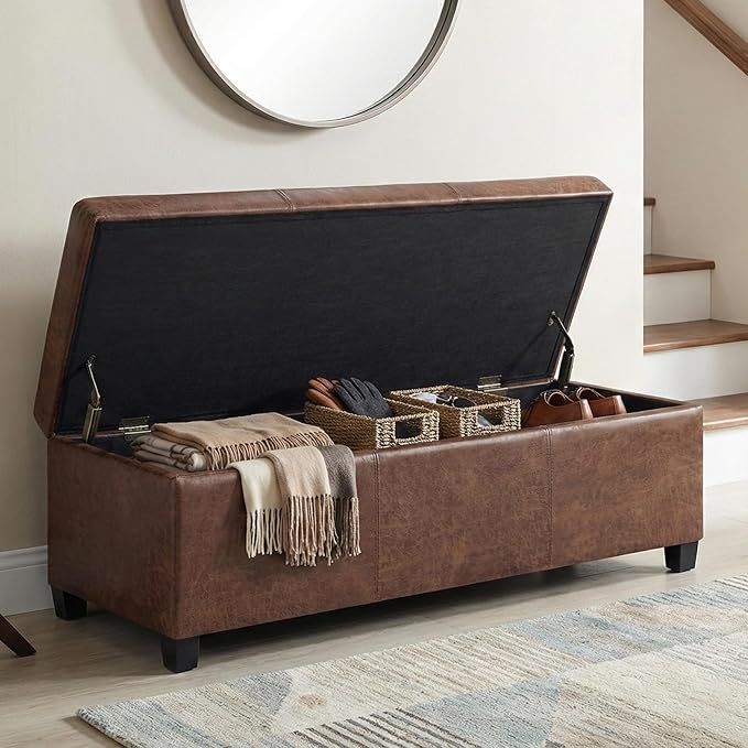 SIMPLIHOME Avalon Storage Ottoman Bench - 48 inch Wide Upholstered Vegan Leather Rectangular Lift-Top Ottoman in Distressed Umber Brown, Contemporary Bench for Living Room with High-Density Foam