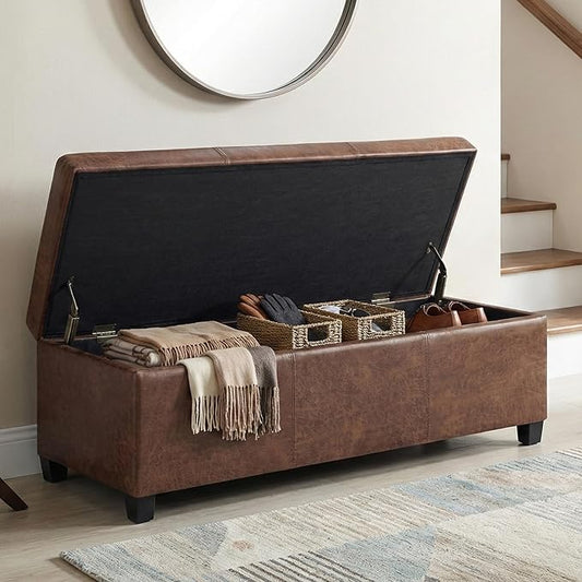 SIMPLIHOME Avalon Storage Ottoman Bench - 48 inch Wide Upholstered Vegan Leather Rectangular Lift-Top Ottoman in Distressed Umber Brown, Contemporary Bench for Living Room with High-Density Foam