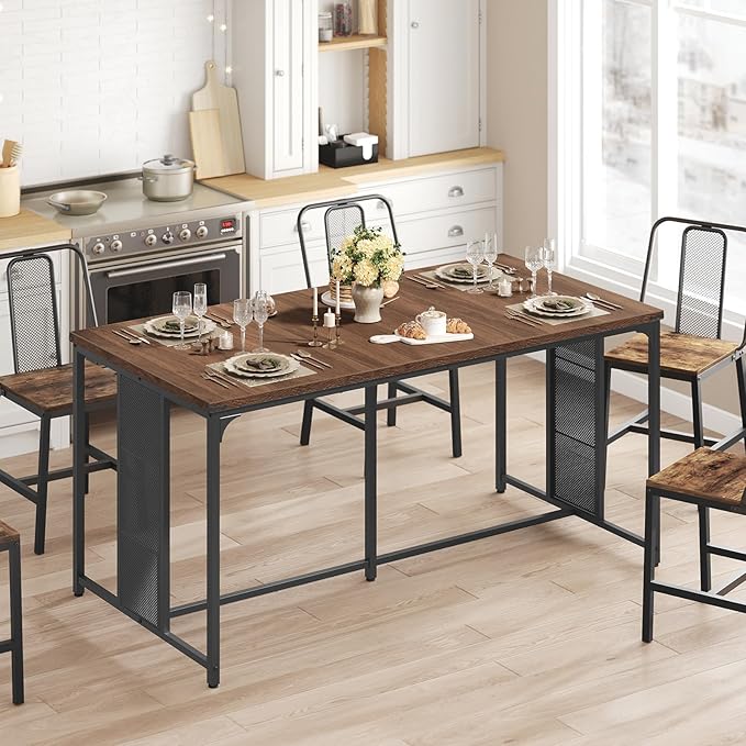 Dining Table for 6-8, 63" Large Kitchen Table, Industrial Dining Room Table, Wooden Rectangular Table with Adjustable Feet, for Dinner, Kitchen, Walnut and Black CZ03BH