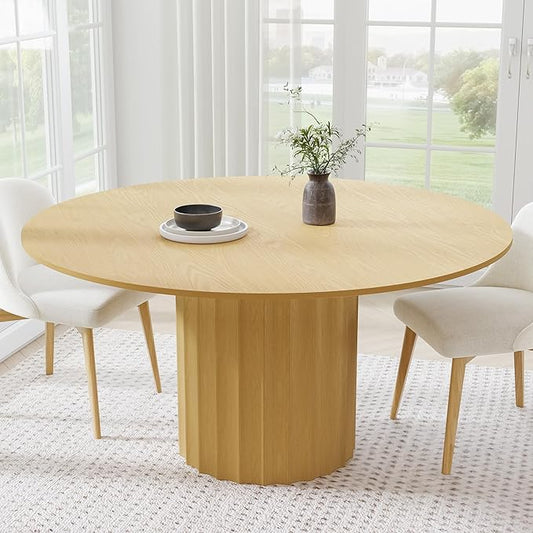 Casaphoria 60" Round Dining Table, Modern Wood Kitchen Table with Cylindrical Wide Bar Concave Base for Living Room & Dining Room, Easy Assembly Farmhouse Furniture for 4-6, Oak