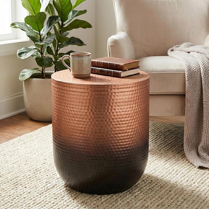 SIMPLIHOME Nova Metal Table - 19 inch Wide Round Iron Accent Table in Penny Ombre, Boho Drum Side Table for Living Room or Office with Distinctive Textured Finish, Assembled