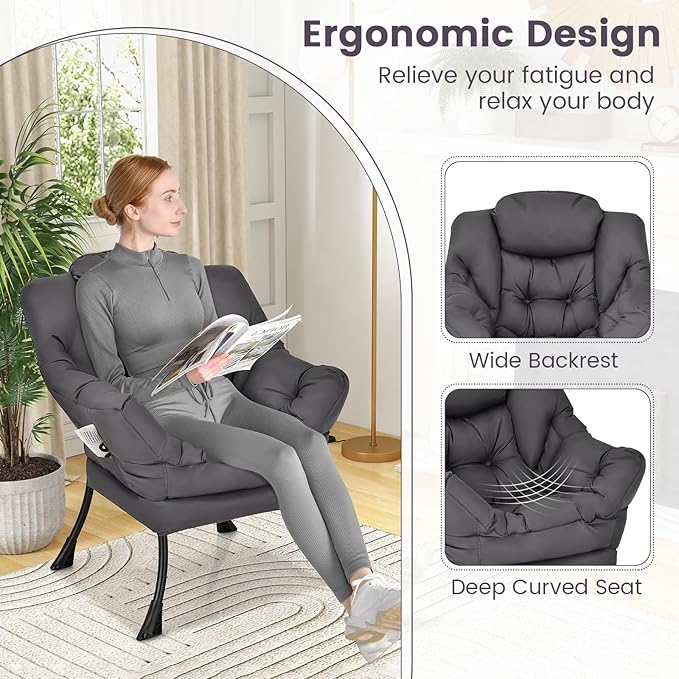 KOMFOTT Modern Accent Chair Set of 2, Soft Upholstered Lazy Sofa with Side Pocket & Armrests, Single Sofa Armchair, Leisure Sofa Chair for Living Room, Bedroom, Gray