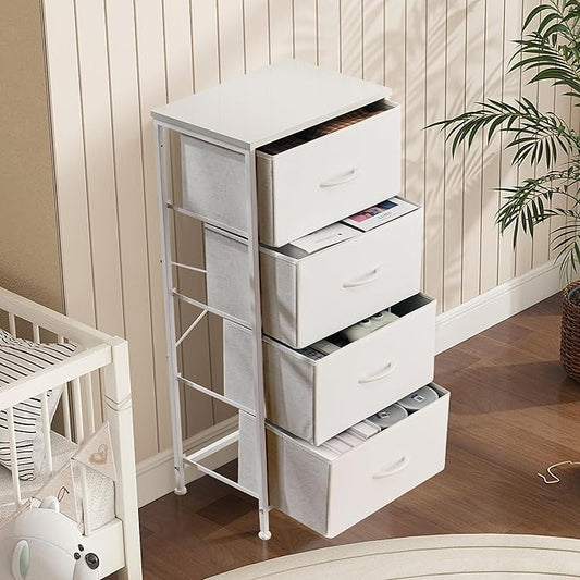 DUMOS Dresser for Bedroom, 4 Storage Drawers, Tall Fabric Closet Chests Organizer Tower Furniture with Wooden Top Metal Frame for Clothes, Living Room, Hallway, Entryway