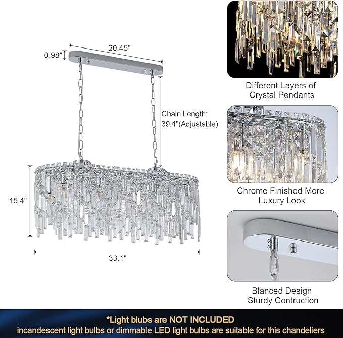Rectangular Crystal Chandelier for Dining Room Modern Chrome Chandelier Linear Rectangle Pendant Light Fixtures for Kitchen Island L33” K9 Luxury Long Chandelier for Living Room
