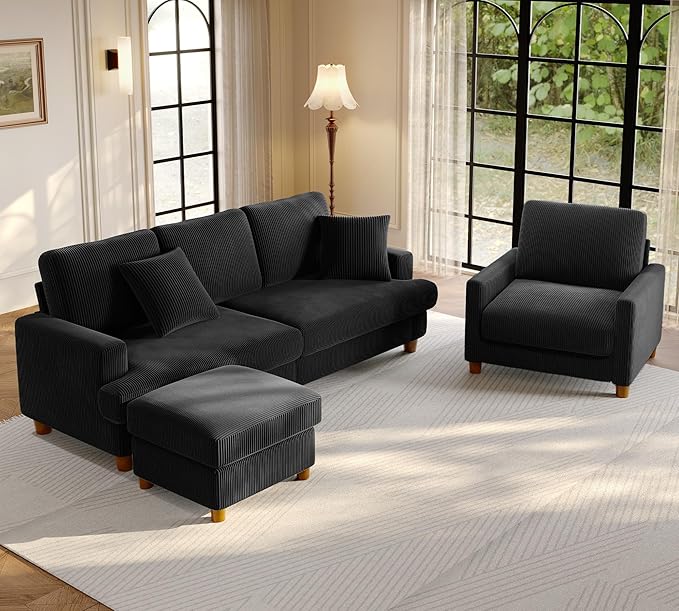 Welzona 87.2" Couches for Living Room, Comfy Sofa Set Tool-Free Setup, Corduroy Couch Set 7.5" Thicker Cushion, Accent Chair with Ottoman 848lbs Support, Sofas for Living Room Home Office, Black