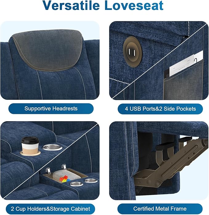 Dresegmt Loveseat Recliner Sofa, Manual Reclining Loveseat Sofa with Storage Console, Cup Holders, USB Ports, Modern Luxury Large Navy Blue Linen Recliner Couch for Living Room/RV
