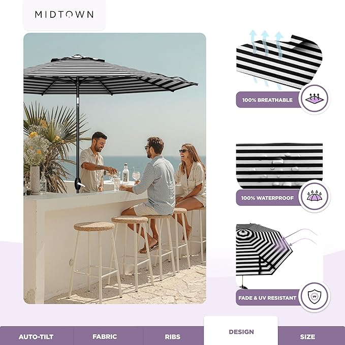 Midtown Umbrellas – The Lean 8 Ft Patio Umbrella with 10-Year-No-Fade Acrylast Acrylic Fabric, Auto-Tilt and 8 Reinforced Ribs for Deck, Pool, Garden, Hotel & Cafes – Urban Stripes Canopy, Black Pole