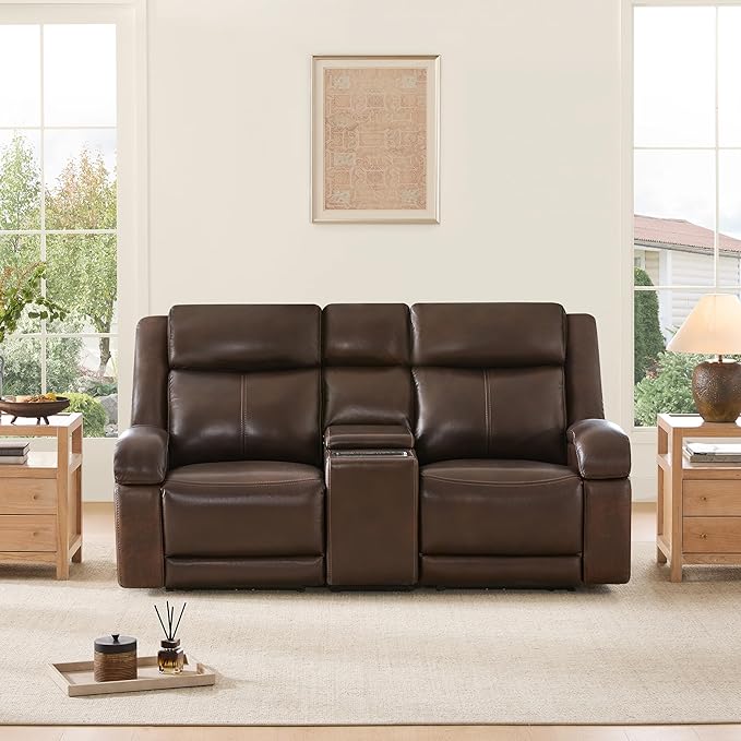 Watson & Whitely Genuine Leather Power Loveseat Recliner Sofa, Wall Hugger Loveseat Reclining Sofa with Storage Console, Power Headrest, Cup Holders, Dual Recliners for Living Room, RV, Dark Brown