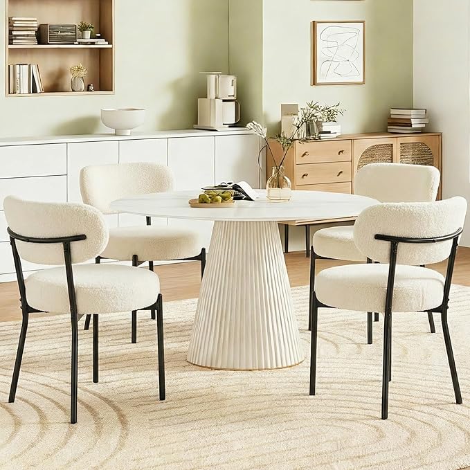 DUMOS Dining Chairs Set of 2, Mid Century Modern Chair Round Upholstered Curved Backrest, Kitchen Vanity Living Room Chairs with Black Metal Legs，Light Beige