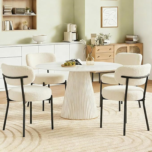 DUMOS Dining Chairs Set of 2, Mid Century Modern Chair Round Upholstered Curved Backrest, Kitchen Vanity Living Room Chairs with Black Metal Legs，Light Beige