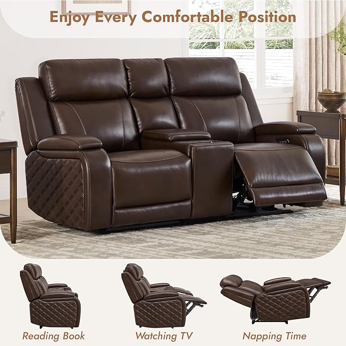 Watson & Whitely Genuine Leather Power Loveseat Recliner Sofa, Zero Gravity Reclining Sofa with Console, Power Headrest & Wireless Charging, Cup Holder, 2-Seater Recliner for Living Room, Dark Brown