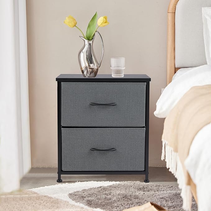 NEWBULIG Nightstand with 2 Fabric Drawers Small Dresser 25 Inch Tall Bedside Table End Table Storage Furniture for Bedroom Closet Entryway College Dorm Crey