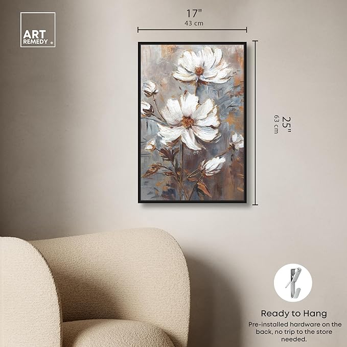 Art Remedy White Textured Flowers Canvas Elegant Floral Wall Art, Black Frame, 16" x 24"