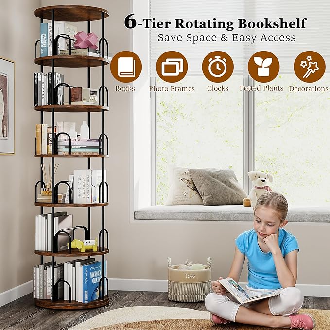 6 Tier Rotating Bookshelf Tower, 360° Display Round Bookcase, Floor Standing Corner Revolving Bookshelf Organizer Storage Rack for Home Study Office, Small Spaces (Black, 6 Tiers)