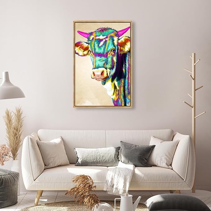 Country Farmhouse Canvas Print Painting Animal Wall Art 'Fun Colorful Glam Farm Cow' Gold Framed Canvas Rustic Home Décor 20x30 in Green, Pink by Oliver Gal