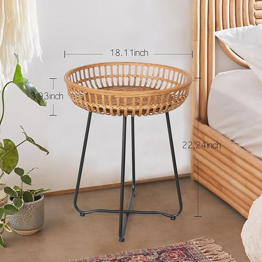 Oakrain Small End Table, Small Round Coffee, Bamboo&Rattan, Accent Table with Boho Style, for Balcony, Livng Room, Bedroom (18.11inch, 1PCS)