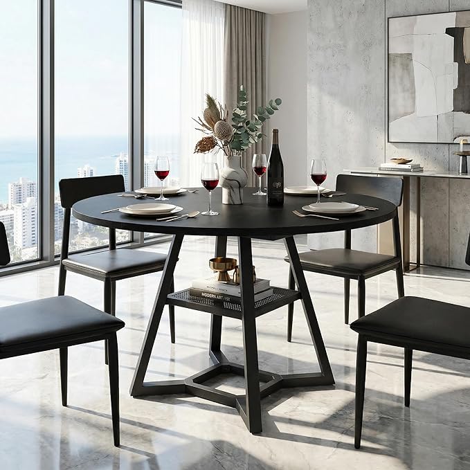 Round Dining Table for 4-6 with Storage Shelf, Kitchen & Dining Room Circle Pedestal Table, Heavy Duty Metal Frame & Wood Top