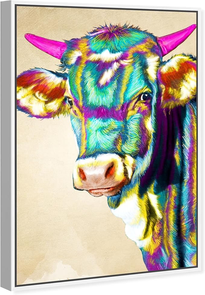 Country Farmhouse Canvas Print Painting Animal Wall Art 'Fun Colorful Glam Farm Cow' White Framed Canvas Rustic Home Décor 16x24 in Green, Pink by Oliver Gal