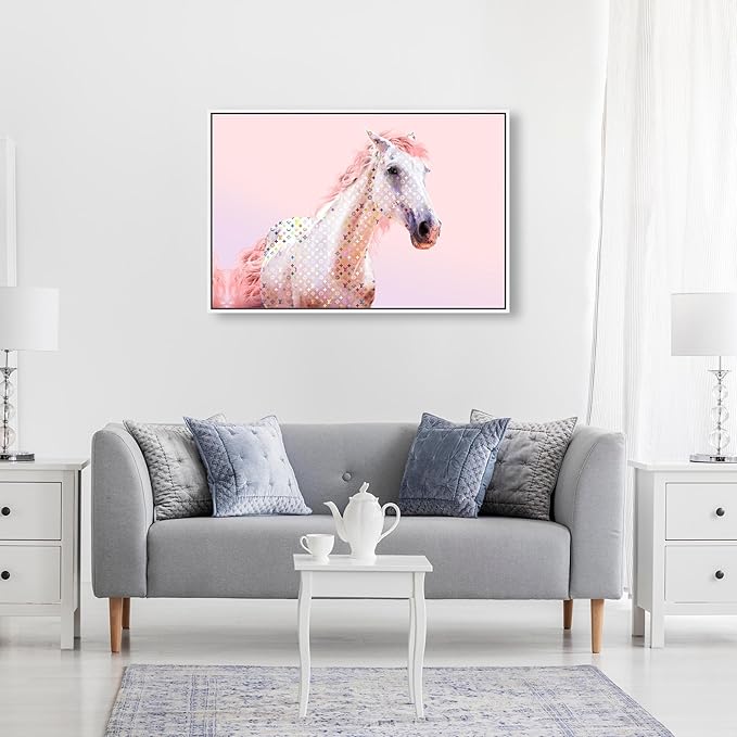 Country Farmhouse Canvas Print Painting Animal Wall Art 'Pink Glam Horse' White Framed Canvas Rustic Home Décor 30x20 in Pink, White by Oliver Gal