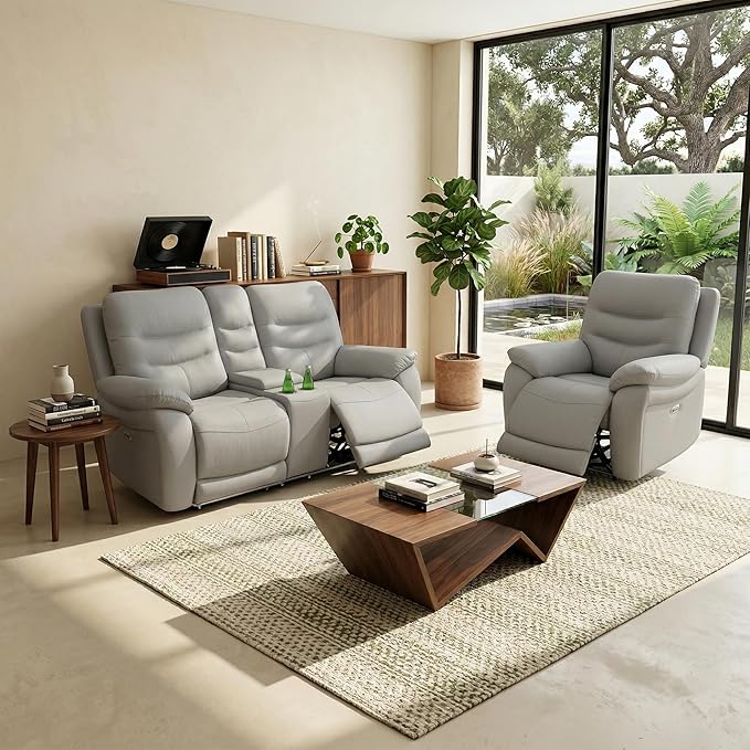 Power Reclining Loveseat with Chair, Genuine Leather Recliner Couch Set, Light Grey Leather Recliners Set, 2 Pieces Furniture with Cup Holders/Storage/USB Port for Living Room, Apartment