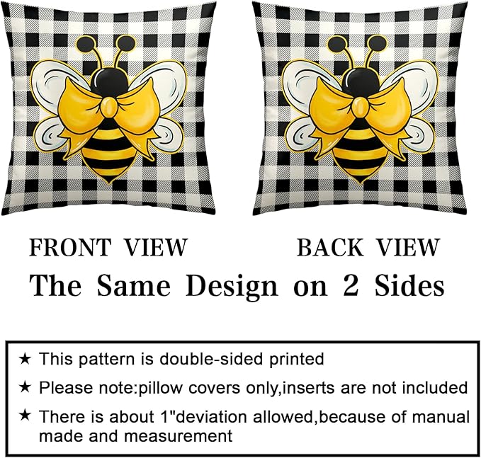 Cute Honey Bee Throw Pillows Case 24x24 Pack of 2 Buffalo Plaid Pillow Cover Spring Summer Pillows for Couch Cotton Blend Soft Touch Home Decor for Living Room Sofa
