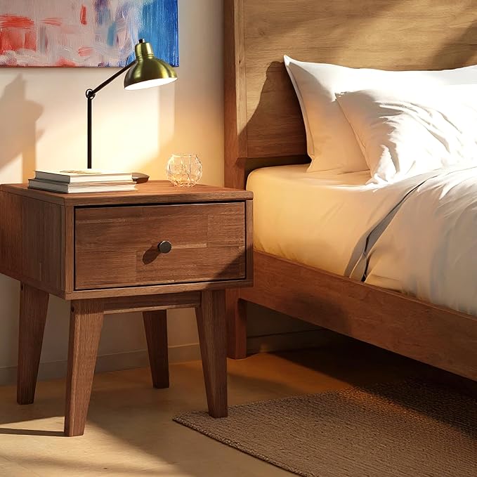 Acacia Sofia Nightstand with Drawer, Bedside Table, Solid Wood Bedside End Table with Drawer and Storage Space for Bedroom, Walnut