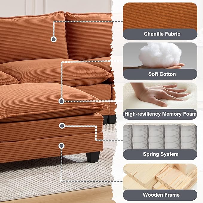 103" Oversized Modular Sectional Sofa Couch with Reversible Ottoman, Free Combination Convertible Corner Couch,Corduroy Upholstered Cloud Sectional Couch with Side Pockets | Multiple Cushions, DIY Combination, Removable Cover