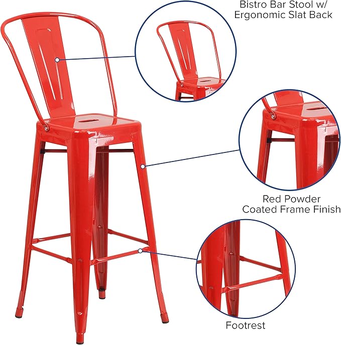 Flash Furniture Lily Commercial Grade 4 Pack 30" High Red Metal Indoor-Outdoor Barstool with Removable Back