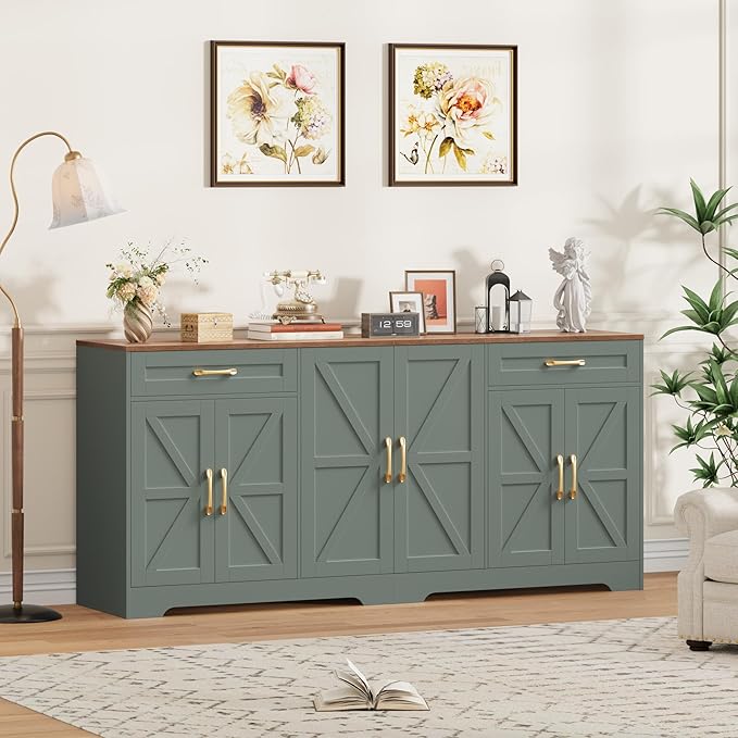 71” Large Sideboard Buffet Cabinet with Storage, Farmhouse Kitchen Buffet Cabinet with Adjustable Shelves and 6 Barn Doors, Wood Coffee Wine Bar Console Table for Kitchen, Dining Room, Green