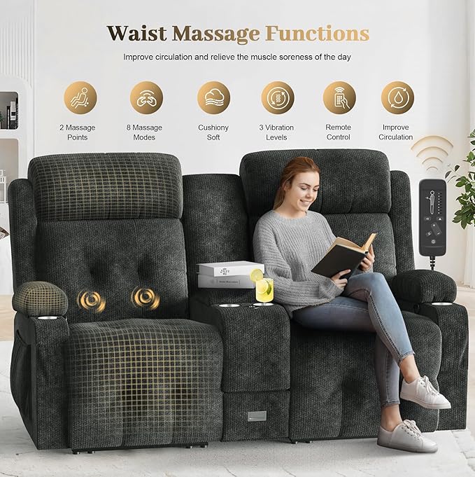 Fabric Reclining Loveseat, Massage Loveseat Recliner Sofa Heavy Weight Capacity, RV Love Seat Chair Clearance with Console, USB, Type C Port, Storage, Cup Holders, Wall Hugger Couch for Living Room