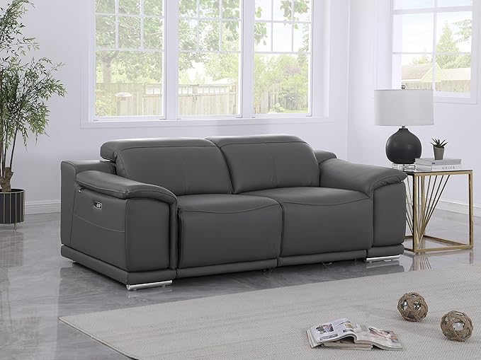 BlackJack Furniture Venice Top Grain Italian Leather Power Recliner Loveseat Sofa - 80" Theater Seating Modern Couch for Living Room Apartment Home with Adjustable Headrests & USB Port, Dark Grey